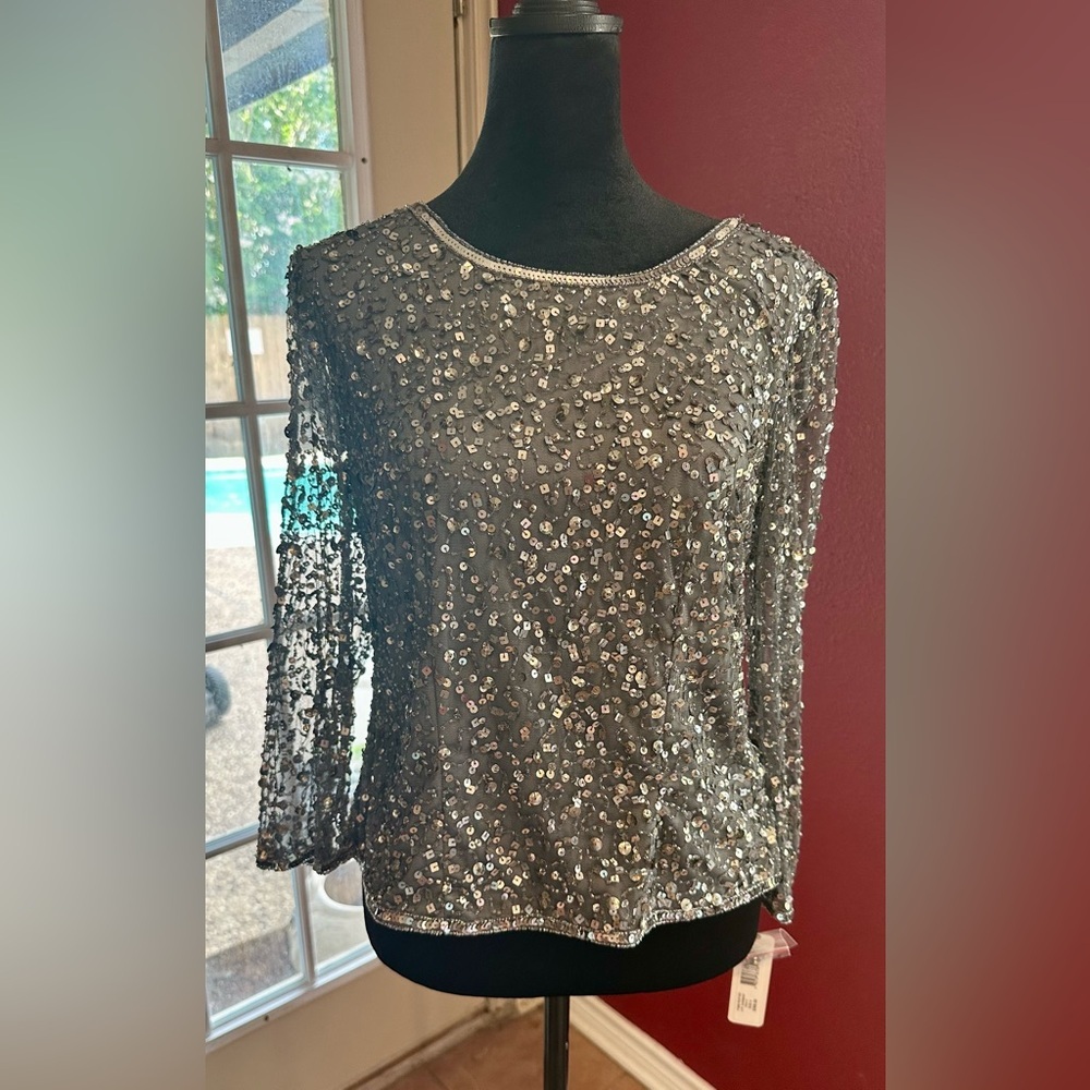 Patra by Joanna Chen Pewter Sequin Mesh Top Size 8 NWT $269 Beaded Formal
